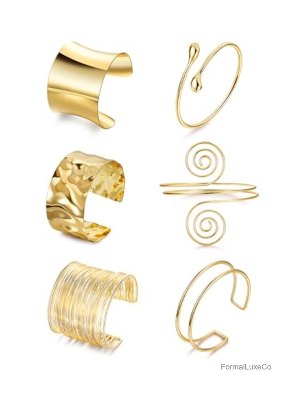 6-Piece Upper Arm Cuff Bangle Bracelet Set Open Wire Hammered Minimalist Gold